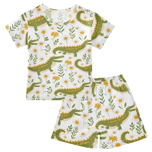 ALAZA Crocodile Daisy Flower Pajamas Short Sleeve 2 Piece Sleepwear Top and Bottom Pajama Set Unisex