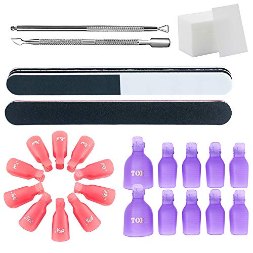Gel Nail Polish Remover Tools Set with 20PCS Red/Purple Soak Off Cap Clips Set 100PCS Nail Wipes Cotton Pads 2PCS Stainless Steel Cuticle Pusher 2PCS Nail File for Remover UV Gel Polish