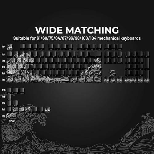 Image of HITIME x XVX Kanagawa Keycaps 60 75 100 Percent - Shine Through Keycaps w /IMD Tech, for Mechanical Keyboards, Full 118 Key Set, OEM Profile, Lines Backlit, Side Printed - Black