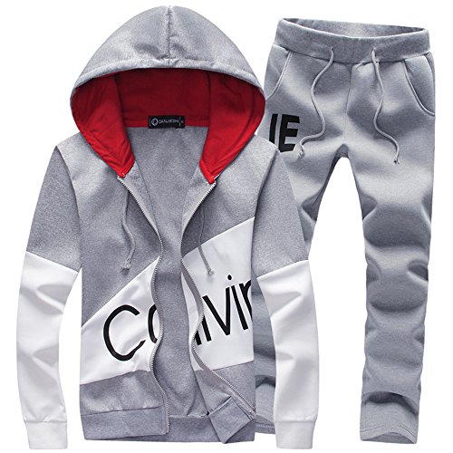Manluo Men's Sweatsuits 2 Pieces Hooded and Pants Sets Tracksuit Jogging Suits Print Casaul (Grey,XL)