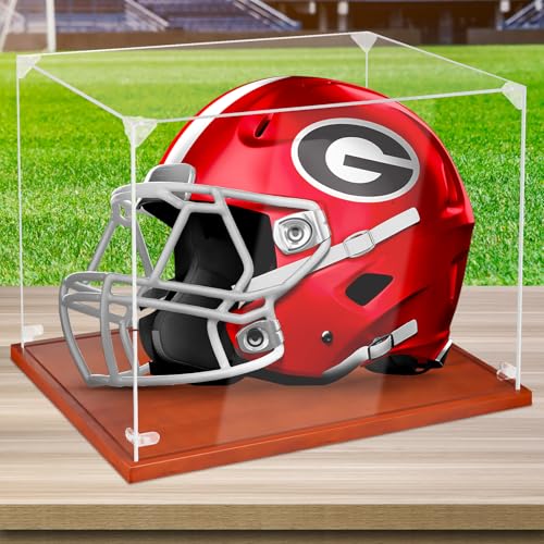 Image of Clear Acrylic Helmet Display Case with Wood Base & Tee, Memorabilia Stand Cube Holder, Dust Protection Transparent Storage Box for Single Helmet Souvenir Collections