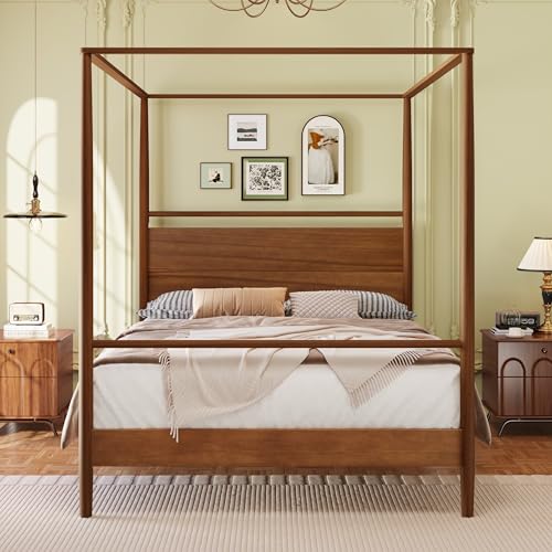 SOFTSEA Full Size Canopy Bed Frame, 4 Posters Wood Bed Frame with Under Bed Space, Platform Canopy Bed with Headboard for Bedroom, No Box Spring Needed, Walnut