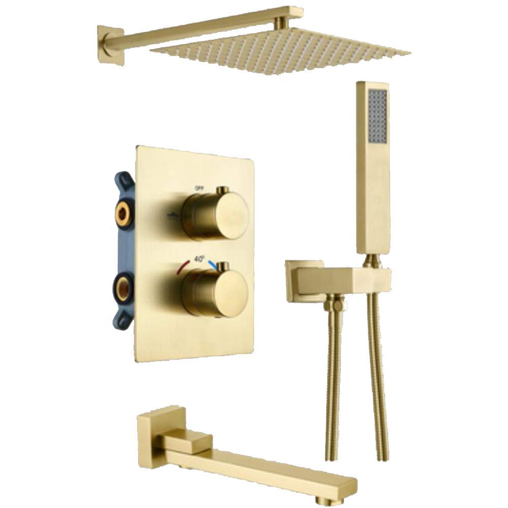 QUSYZD Thermostatic Rain Rain Mixer Shower Combo Set Wall Mounted Bathroom Shower Faucet Set with Shower Head, Handheld Shower, Rotatable Bathtub Faucet, Embedded Box,Rose,Brushed Gold