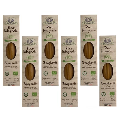 Rustichella d'Abruzzo | Arroz integral de espaguetis | Pasta sin gluten a base de arroz natural orgánico – 6 x 250 gr | Pasta italiana larga 100% harina de arroz
