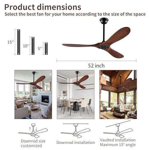 Rustic Walnut 52 Inch Ceiling Fan with Remote, Modern Outdoor Wood 3 Blade High CFM Ceiling Fans for Patios/ Porch/ Gazebo - Farmhouse Propeller Ceiling Fan for Living Room/ Bedroom/ Kitchen/ Indoor