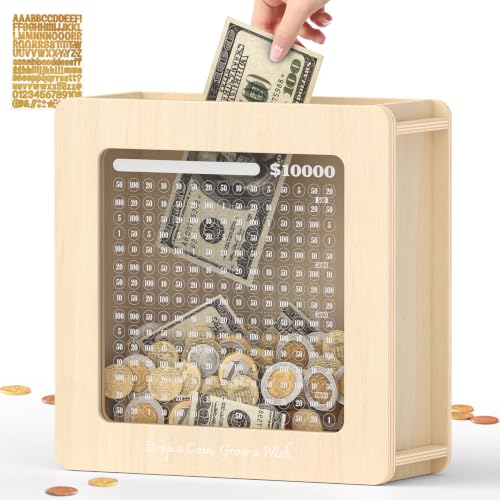 Image of Summidate Wooden Money Saving Box, Clear Window Cash Vault Savings Box -10000 Challenge with Tracker Stickers, Reusable Piggy Bank for Adults & Kids, Birthday /Baby Shower /Wedding Gift