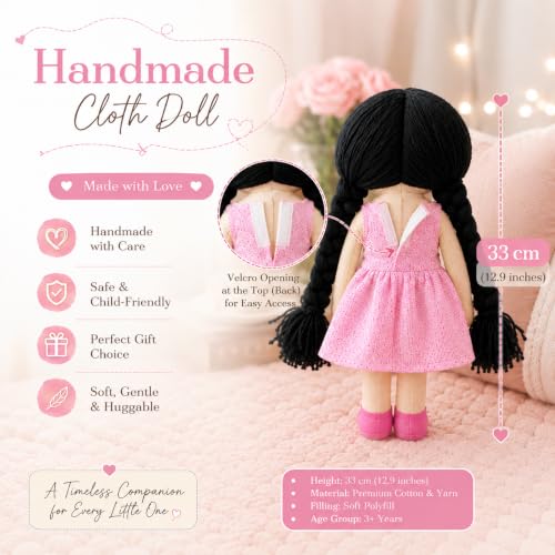 Image of Handcrafted Indian Rag Doll Set, Stitch Soft Toy Doll for Kids, Soft Cotton Fabric Yarn Cloth Doll, Traditional South Indian Soft Toys for Kids Room Decor (Pink, Dot and Net)