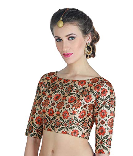 Boat Neck Readymade Stitched Printed Saree Blouse Poly Silk Fabric Indian Sari Choli Tunic Wedding Top Women (2X Large-40)