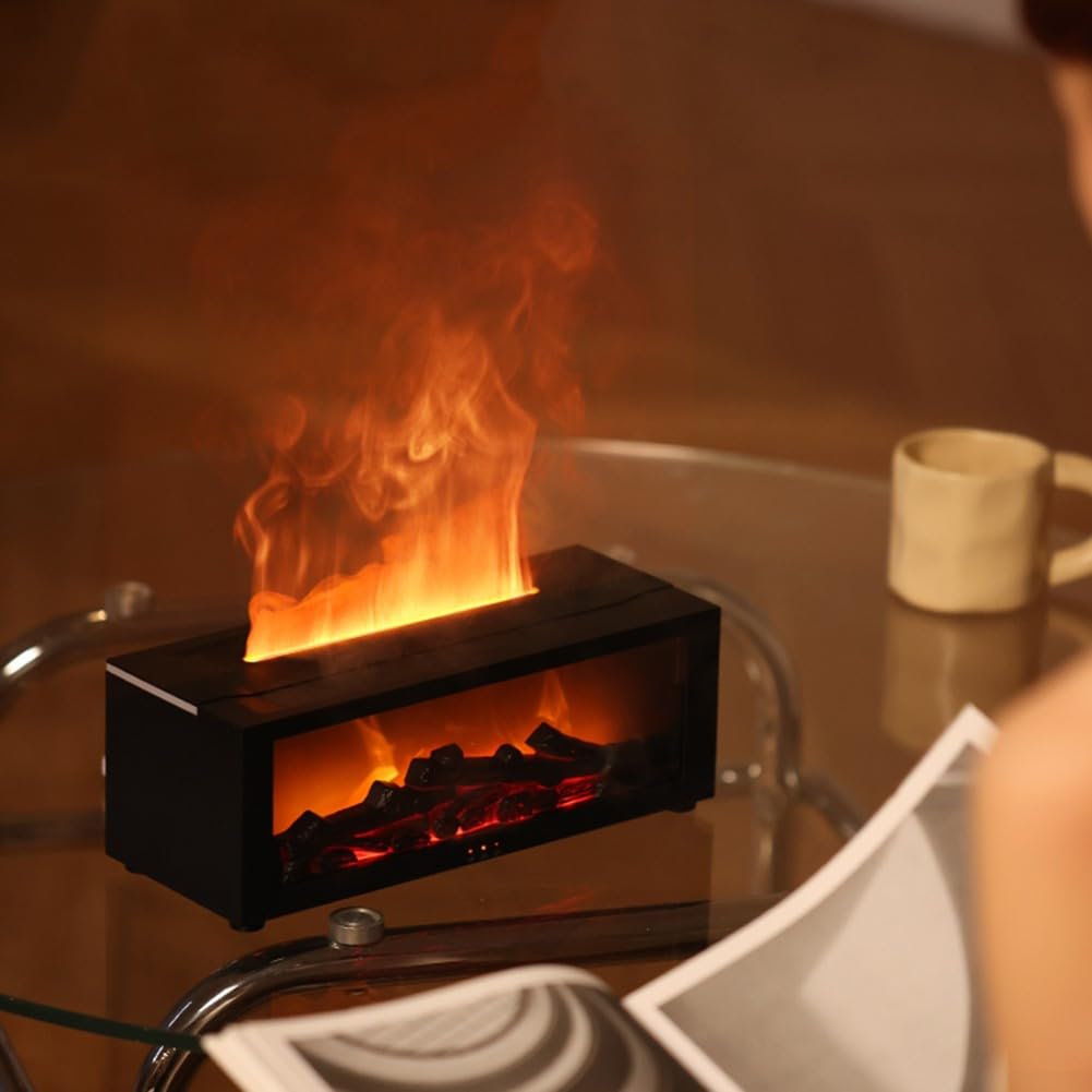 EasyByMall Difusor de chimenea de llama, difusor de aceite esencial de 150 ml, difusor de chimenea 3D, con control remoto, difusor de aromaterapia para dormitorio, Apagado Automático Sin Agua(negro)