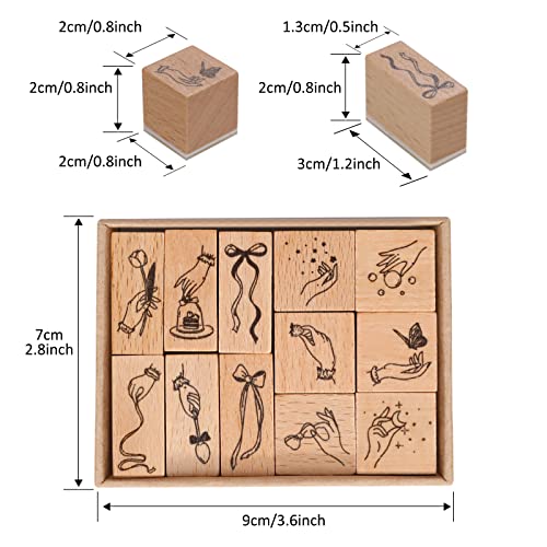 Wood Rubber Stamp - 12 Pcs Floral Bow Tie And Finger Stories Wooden Rubber Seals For Scrapbooks, Calendar, , Card Making, Letters Diary, Craft Scrapbook Painting, Halloween, Christmas Deco #TOP6