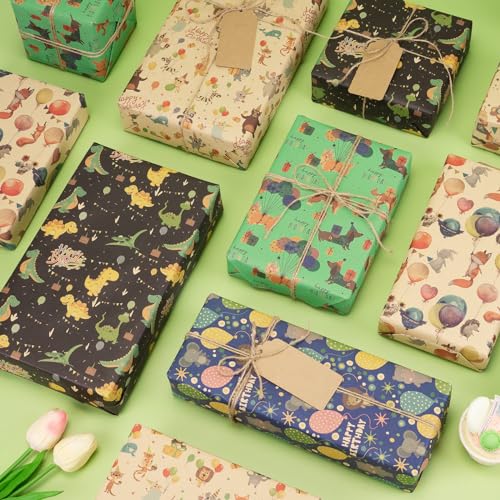 Larcenciel Geschenkpapier Geburtstag, Lustige Tierparty Kraftpapier Geschenkpapier Kinder, Süßes Cartoon Geschenkverpackung mit Dino Welpe Fuchs Löwe für Geburtstag, Jahrestag, Party, 6 Blatt 70x50cm