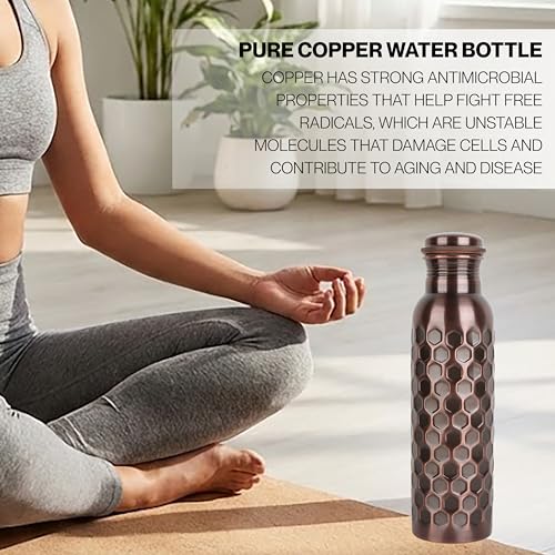 Image of Copper Water Bottle Pure, Copper Drinking Bottle Honeycomb, 32 oz Antique | 100% Pure Copper, Antique Honeycomb Cut Finish, Leak-Proof Cap, Ayurvedic use, Includes Cleaning Brush