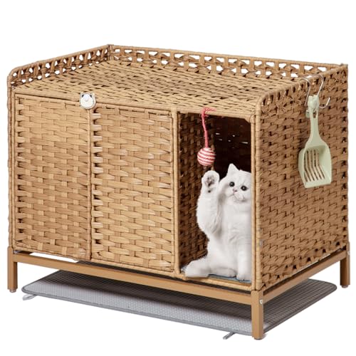 Image of SETVSON Cat Litter Box Enclosure Furniture with Divider, Handwoven Rattan Litter Box with Mat, 31.2 x 19.6 x 24.2 Inches, Metal Heightened Feet, Hidden Cat House for Living Room, Bedroom (Natural) | Handwoven PE Rattan with Soft Litter Mat, 3.54-In Heightened Metal Feet, 2 S-Hooks, 31.2 x 19.6 x 24.2 In Spacious