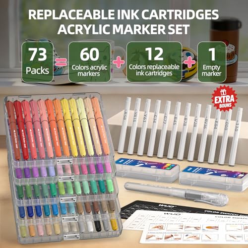 Image of WUO Acrylic Paint Markers, 60 Colors Water-Based No-Bleed Paint Pens with Brush Tip, Automatic Ink Control Markers for Rock Painting, Wood, Glass, Fabric DIY Art, 12 Extra Replaceable Ink Cartridges