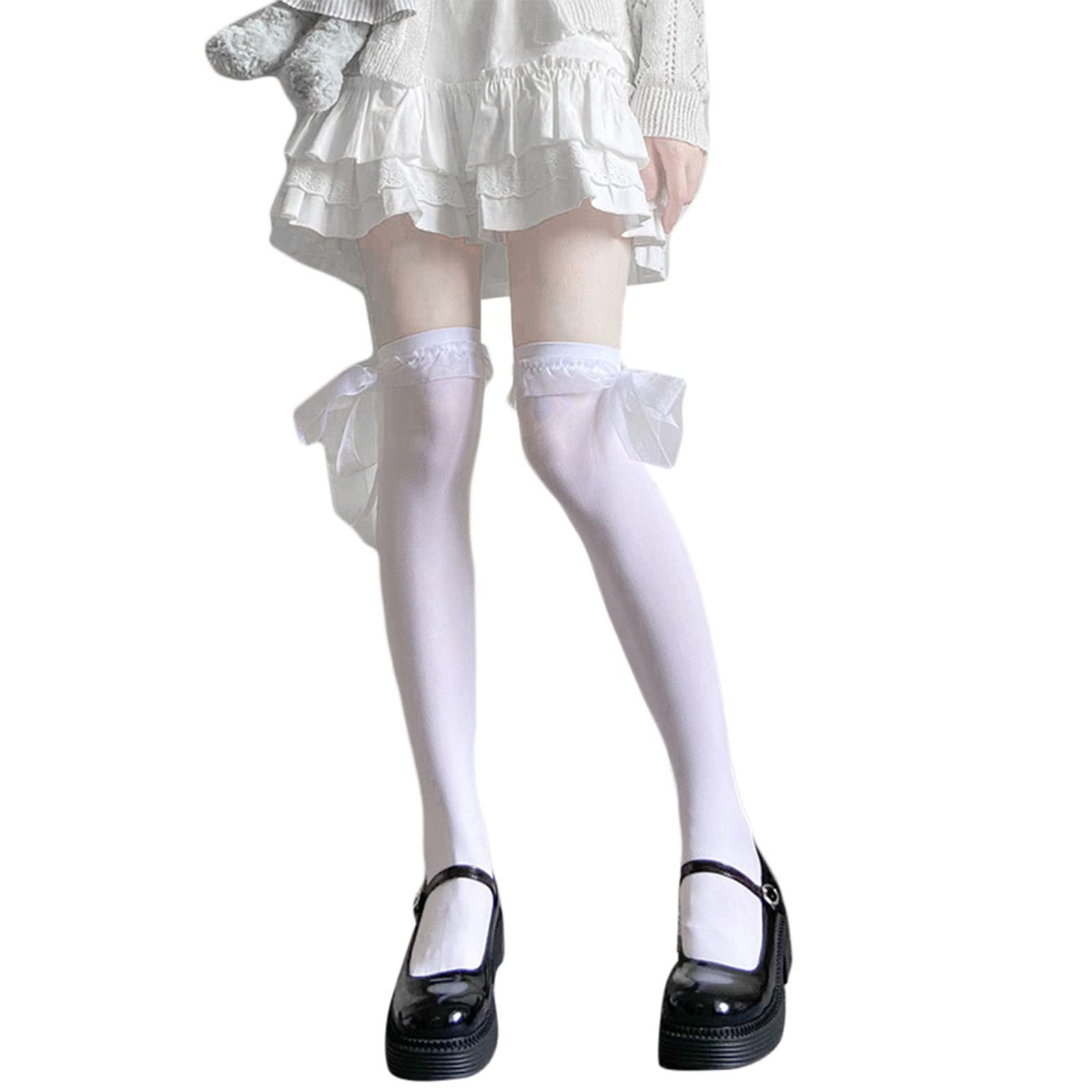 Ldabrye Japanese Style Ribbon Lace Bow Thigh High Stockings Women Lolita Harajuku Kawaii Solid Color Over Knee Long Socks Student Tights Hosiery