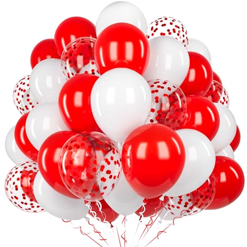 60 Pièces Ballons Rouge Blanc, 12 Pouces Mat Rouge Blanc Latex Ballon avec 2 Rubans et Ballons Confettis pour Anniversaire Baby Shower Mariage Fiançailles...