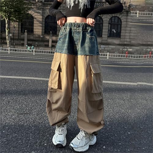 Girls Streetwear Cargo Pants High Waist Floor Length Baggy Wide Leg Jeans with Multi Pockets Casual Trousers3