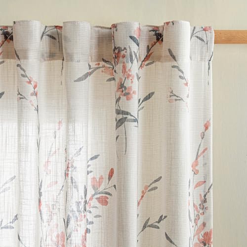 Image of MYSKY HOME Floral Sheer Curtains 84 Inch Long Linen Blended 2 Panels Coral | Bedroom Living /Dining Room Floral Light Filtering Curtains Patterned Privacy Protect Farmhouse Window Treatment 50 inch W