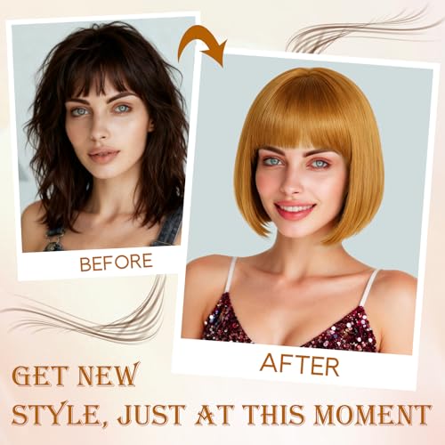 Image of PLULON Orange Brown Short Bob Wig with Bangs for Women, Colorful Neon Short Bob Synthetic Hair Wigs with Hair Cap Heart Sunglasses for Men Daily Bachelorette Halloween Costume Party Supplies