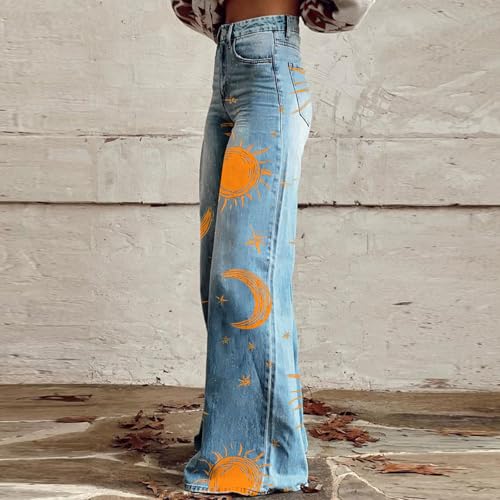 Womens Floral Print Fake Denim Pants Plus Size Casual Graphic High Waisted Strethy Wide Leg Jeans Flare Trousers2