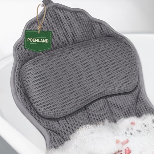 Poemland Bath Pillows for Tub, Luxury Bath Pillow Soft 4d Mesh, Bathtub Pillow with 6 Suction Cups, Ergonomic Bath Tub Pillows for Head and Neck, Bath Accessories for Women Relaxation Gifts (Grey)