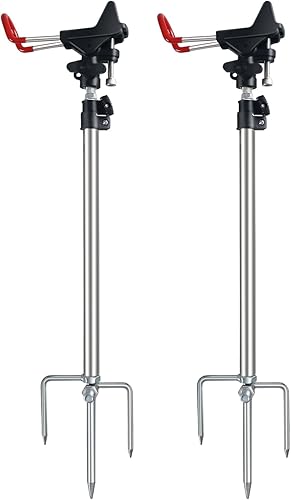 Soporte para caña de pescar para suelo, paquete de 2 unidades, altura ajustable de 22.4-34.3 in, soporte de caña de plegado fácil ajustable de 360