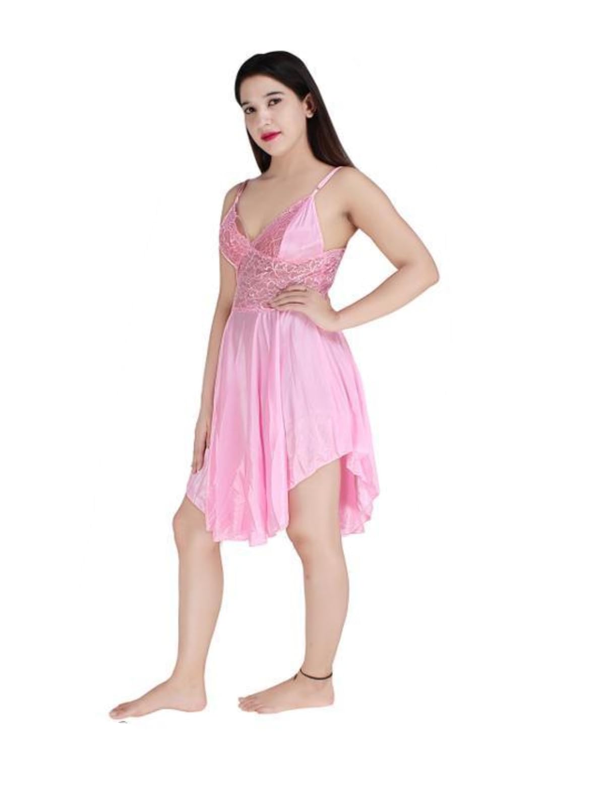 galsmaky Women's Satin Hot Sexy Baby Doll Night Dress| Honeymoon Wedding Night Dress Above Knee Baby Pink Free Size (28 to 36) Inch-picture-12