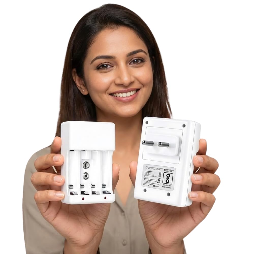 - (𝐒𝐩𝐞𝐜𝐢𝐚𝐥 𝟏𝟓 𝐘𝐞𝐚𝐫𝐬 𝐖𝐚𝐫𝐫𝐚𝐧𝐭𝐲) Universal Battery Charger for AA AAA 9V Ni-MH Ni-CD Batteries with LED Indicator Fast Charging Compact Charger for Home Office