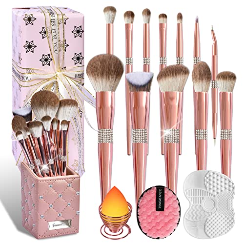 Bueart Design Best 12pcs Bling Rhinestone Glitter labeled Makeup Brushes Sets -with Brush Holder case -Foundation concealer Crystal eyeshadow Rose Gold face make up brush set