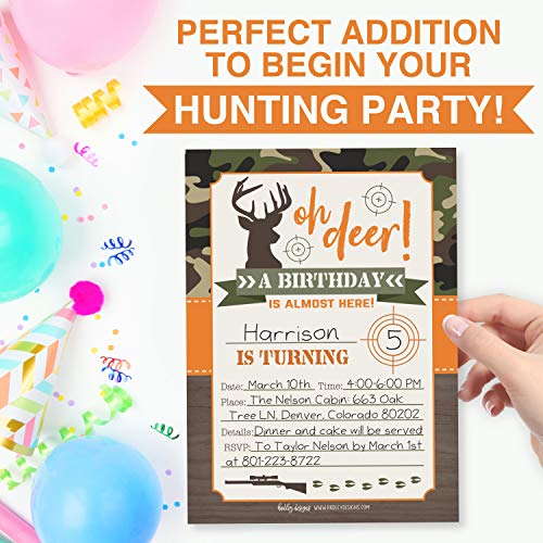 Image of Hadley Designs Kids Birthday Invitations For Boys Camo Theme - 25 Deer Hunting Birthday Party Invitations For Boys, Camouflage Oh Deer Invites For Boy, Cute Hunting Party Supplies, Made In USA
