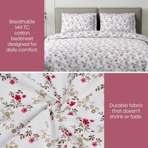 Image of Haus & Kinder Double Bed Bedsheet for Queen Size Bed with 2 Pillow Covers 90 Inch x 100 Inch | Premium Soft & Silky Pure Cotton 144 TC Flat Double Bedsheet | Belle Fleur Red