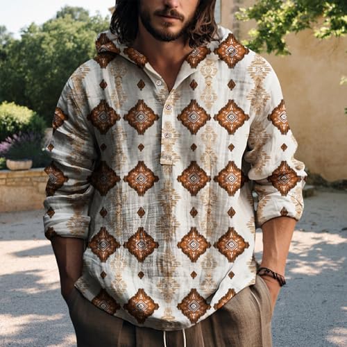 LOAIHA Mens Bohemian Ethnic Print Hooded Henley Shirt Long Sleeve Cotton Blend Lightweight Pullover Top for Fall Winter4