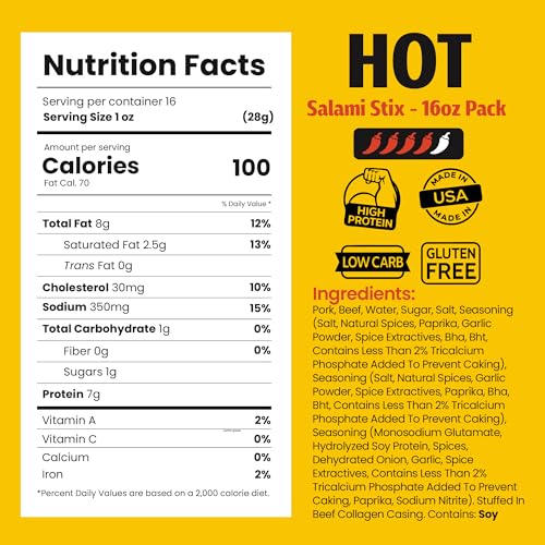 Image of Long John Snacks Dried Salami Sticks, Hot, 16 Oz | High Protein Smoked Meat Sticks Bulk Pack - Handcrafted From Fresh, Never-Frozen Cuts of USA Beef and Pork