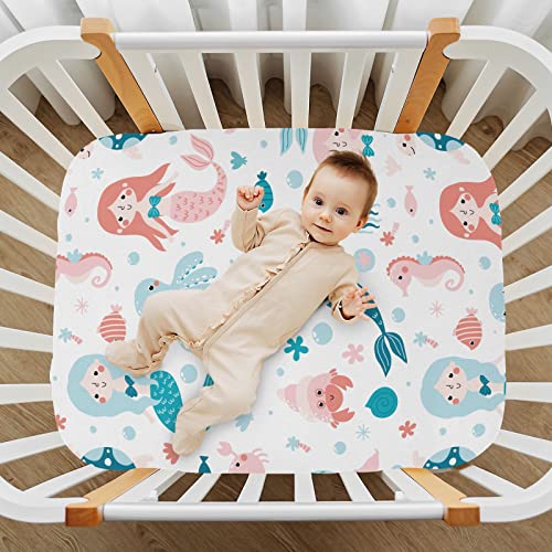 Image of Fitted Crib Sheets Cute Mermaid and Octopus Stretchy Portable Playard Sheets for Baby Toddler, Breathable Soft Mini Crib Mattress 39 x 27 in for Boys and Girls