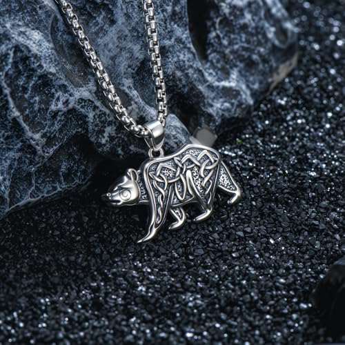 Viking Bear Necklace 925 Sterling Silver Celtic Knot Bear Pendant Norse Jewelry for Men, w/Stainless Steel Chain 22"+2"4