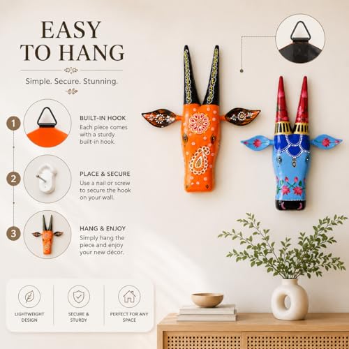 Image of Framing Hub - Handcrafted Multicolor Cow Head Wall Hanging | Traditional Indian Wooden Art | Decorative Animal Face Mask for Living Room Decor | Nandi Inspired Wall Sculpture (Set of 2)