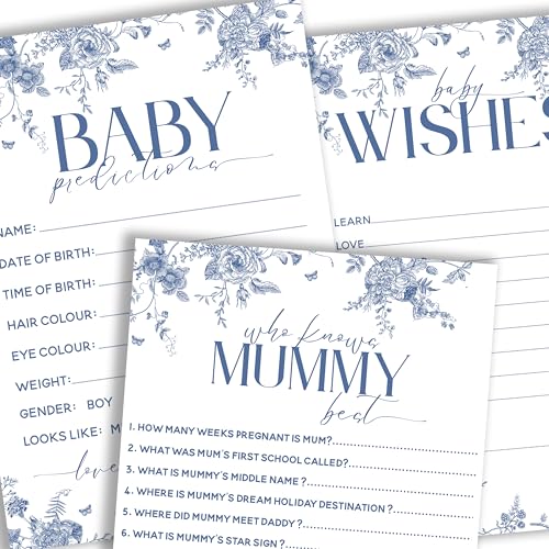 The Little Party Company Paquete de juegos para baby shower, diseño floral de porcelana azul, 3 juegos para 10 jugadores, predicciones, deseos, quién conoce mejor a mamá