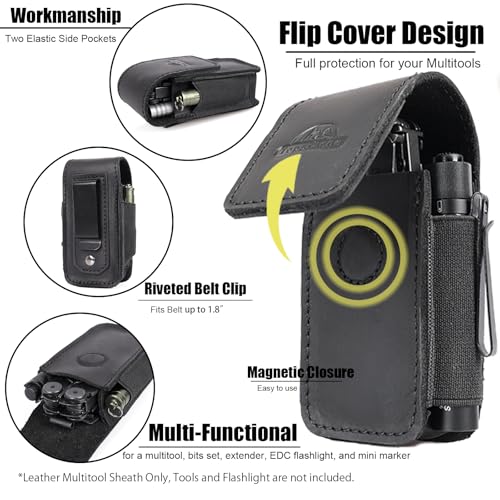 Image of Topstache Leather Multitool Sheath with Belt Clip - EDC Multi Tool Holster for Folding Tool - Leather EDC Holster Pouch Belt Organizer - Magnetic Closure Multitool Case Sheath, M,Black