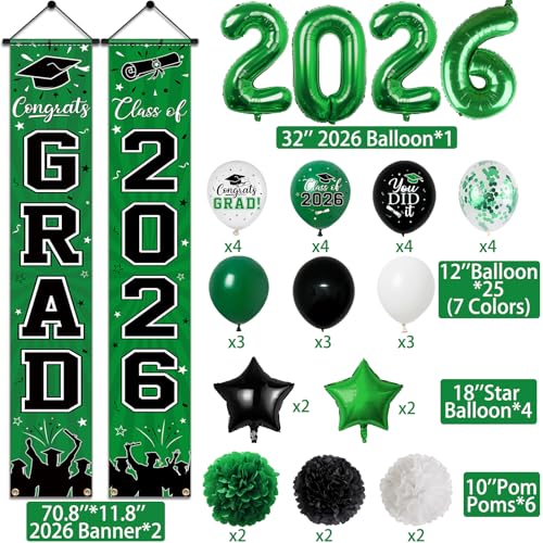 Image of 2026 Graduation Decorations, Green Themed Class of 2026 Decorations Set, Congrats Grad Backdrop, Photo Banner, Door Banner, Balloons and Pom Poms Supplies for High School College Graduation Party