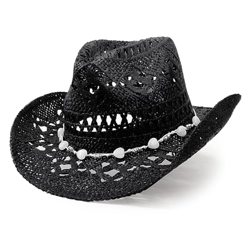 DRESHOW Straw Cowboy Cowgirl Hat for Women Men Western Coastal Cowboy Beach Hat with Shapeable Brim Unisex Rolled up Caps