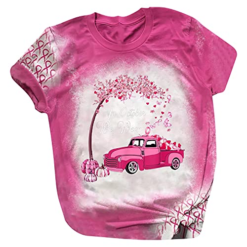 azrian We Wear Pink Truck Shirt Breast Cancer Awareness Women Pink Ribbon Tops Tees Inspirational Gift T-Shirts S-2XL