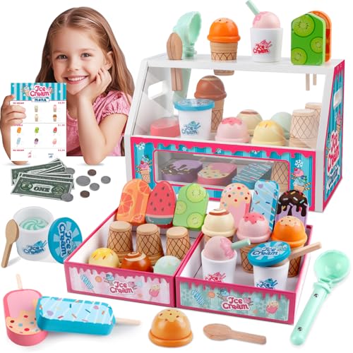 Ice Cream Toys, Wooden Ice Cream Play Set, Pretend Play Toys, 46 Pcs Wooden Play Kitchen Accessories with Menu & Scoop & Menu & Fake Money, Ice Cream Toys for Toddlers 3 4 5 6 Girls Boys Birthday