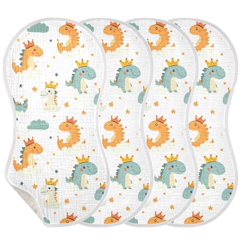 Cartoon Dinosaur with Crown Baby Burp Cloths, Cotton Soft Absorbent Burp Cloth, Baby Bib Cloths Spit Up Rags for Newborn Boys Girls, 2 Pack, 22”x11”3