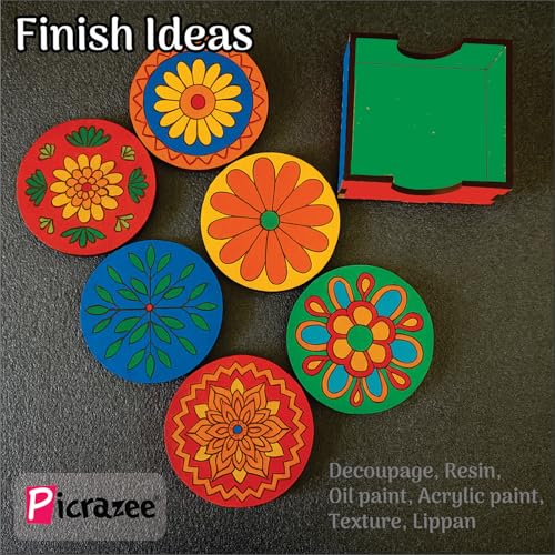 Image of PICRAZEE DIY Art & Craft Round Coaster Kit in Pine MDF | Acrylic Colors, Brushes & Palette | Ideal for Oil & Acrylic Painting, Decoupage, Lippan, Texture Art, Resin & Kids DIY Projects (M5)