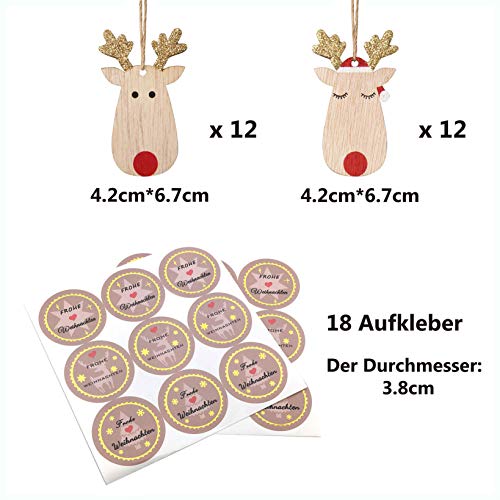 KOHMUI Holz Weihnachtsdeko Anhänger Set, Christbaumschmuck Weihnachtsbaumschmuck, Baumschmuck zum Hängen, 24 Christbaum Hirschkopf Rentier Weihnachtssnhänger mit 18 Frohe Weihnachten Aufkleber - Image 5