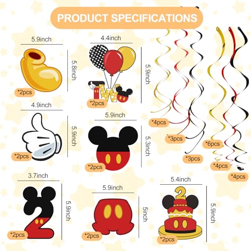 Image of Red 2nd Birthday Hanging Swirl Decorations,Mouse Birthday Party Ceiling Streamers,Red Mouse Theme Party Supplies, Party Favors for Boys Kids(38 Pcs)