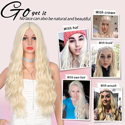Kalyss 24 Inches Platinum Blonde Curly Wavy Heat Resistant Synthetic Hair Wigs For Women Middle Parting None Lace Front Hair Replacement Wigs #TOP2