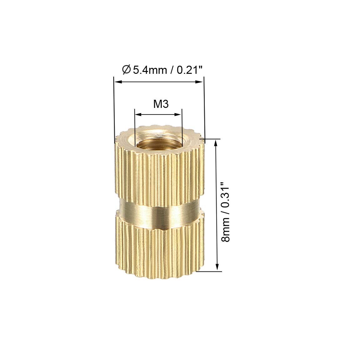 Knurled Insert Nuts - 20Pcs M3 x 8mm Length x 5.4mm OD Female Thread Brass Threaded Insert Embedment Nut for 3D Printer