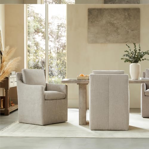 Image of KISLOT Upholstered Dining Chairs with Casters, No Assembly Modern Accent Armchair with Rollers for Dining Room, Bedroom, Living Room, Reading Room, Already Assembled, Sand, 1 Box