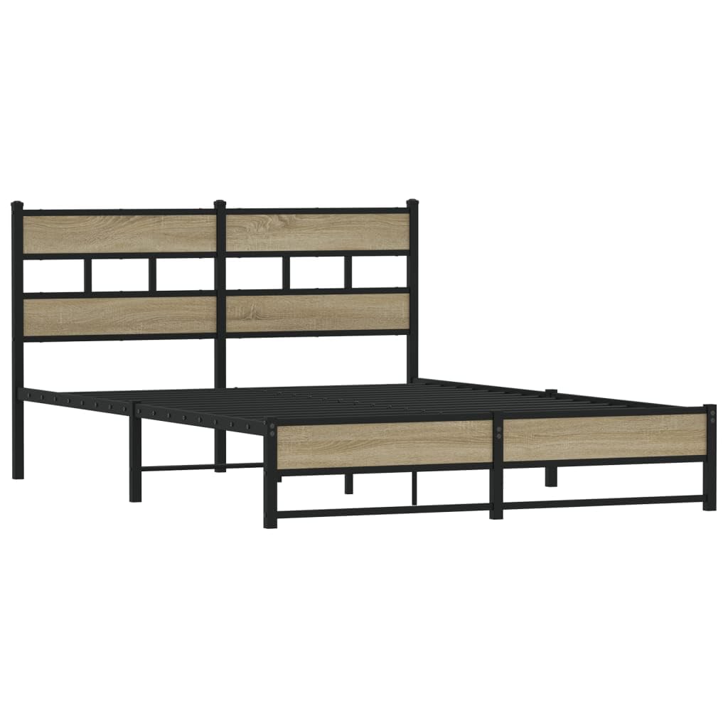 Cama de metal de roble Sonoma de 150 x 200 cm, marco de acero, somier, cabecero de 91,5 cm, cama doble sin colchón